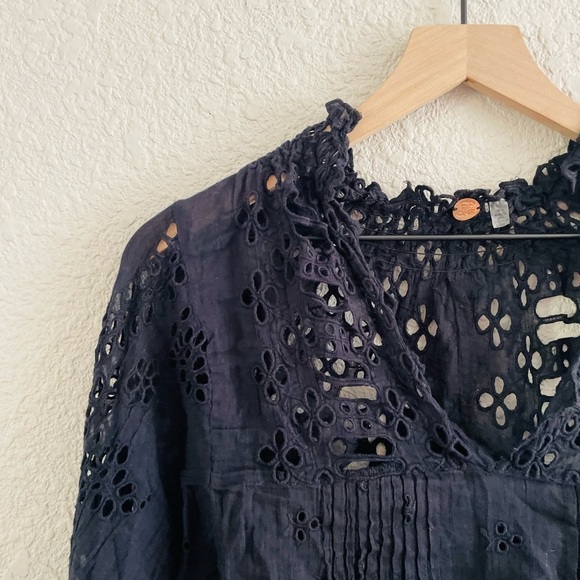 Free People Navy Eyelet Cut Out Blouse - Picture 2 of 9